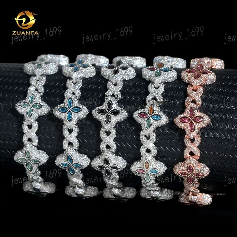 Hot Selling Colorful Hip Hop Iced Out Jewelry 15mm Sier Clover Cuban Moissanite Infinity Link Bracelet for Men