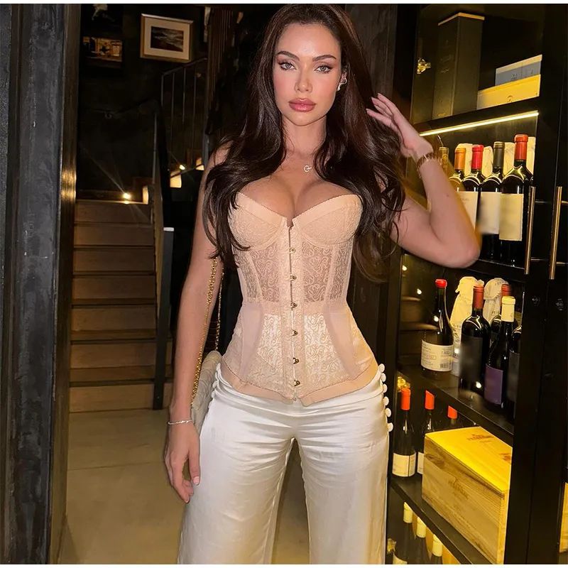 Sexy Lace Strapless Corset Fitted Top Designer All-Purpose Vest Women Slim Bandage V-neck Single Breasted Fishbone Tops 2025 Summer Lady All-match Tan