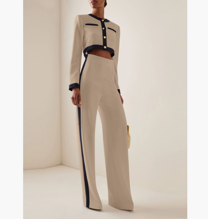 Women's Two Piece Pants Fashion Set Women Round Neck Long Sleeve Patchwork Singe Breasted Button Top Loose Wide Legs Casual Sets Autumn