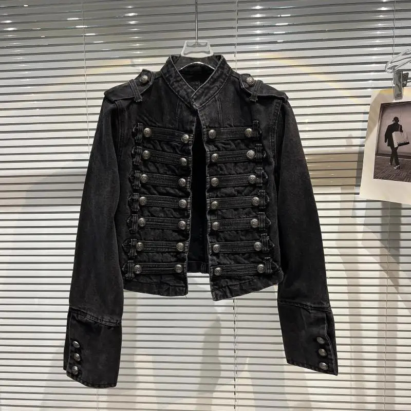 KTCZ 2025 autumn classic metal ribs buckle design shoulder strap washed denim top short jacket 251224