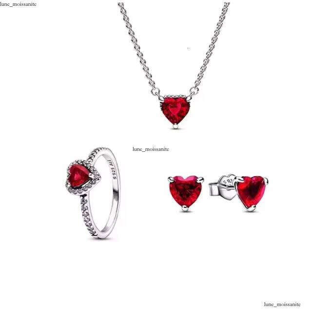 925 Sterling Silver Fine Jewelry Set Gold Including Necklace Ring Women-Red Blue Pink Stone Heart Stud Earrings Gift