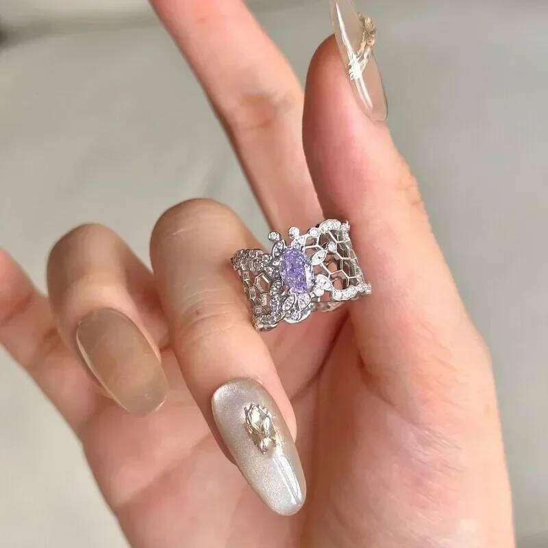 Light luxury taro purple crystal hollow out rings for women exquisite silver 925 drawing butterfly wedding ring fashion jewelry - view 5