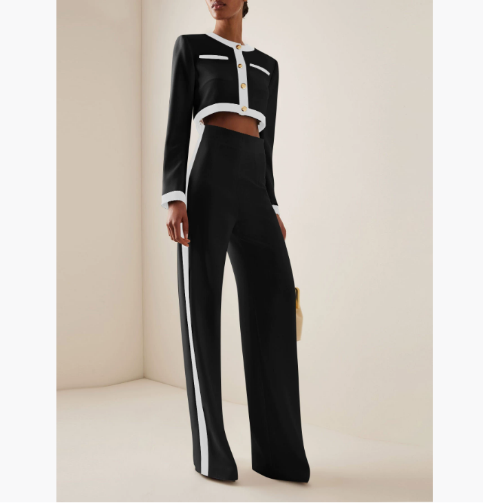 Women's Two Piece Pants Fashion Set Women Round Neck Long Sleeve Patchwork Singe Breasted Button Top Loose Wide Legs Casual Sets Autumn