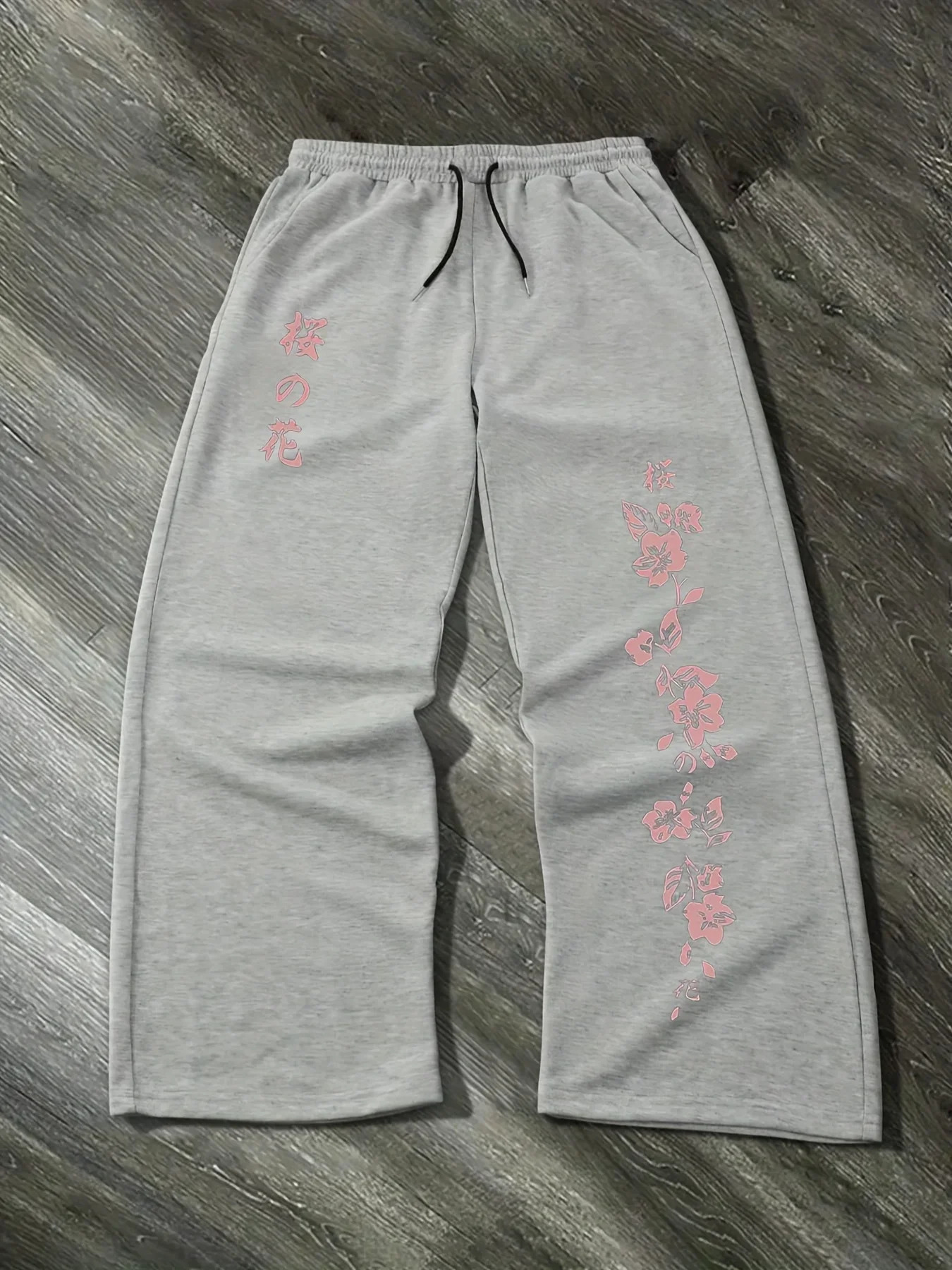 Mens Japanese Sakura Print Black Jogging Pants Pink Floral Pattern Wide Leg Sweatpants Elastic Waist Casual Pants 251231