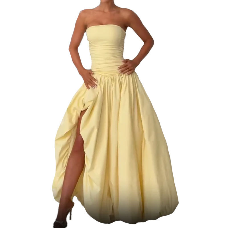 Fashion New Solid Color Elegant Sexy Waist-cinching Slimming Pleated Puff Dress Strapless Dress