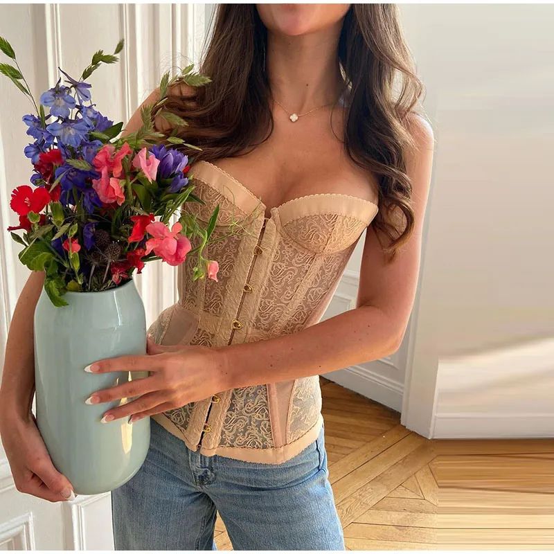 Sexy Lace Strapless Corset Fitted Top Designer All-Purpose Vest Women Slim Bandage V-neck Single Breasted Fishbone Tops 2025 Summer Lady All-match Tan