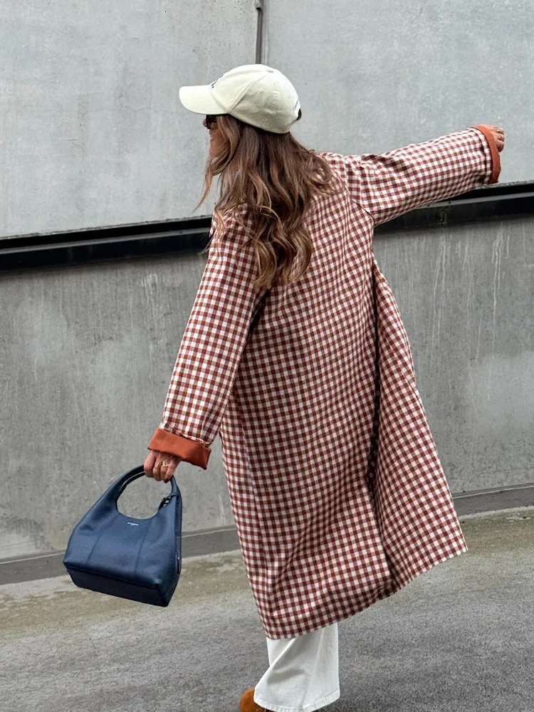 Red Plaid Long Trench Coat Women Chic Lapel Single Breasted Full Sleeve Windbreaker Jacket 2025 Autumn Lady Street Outwear 251231