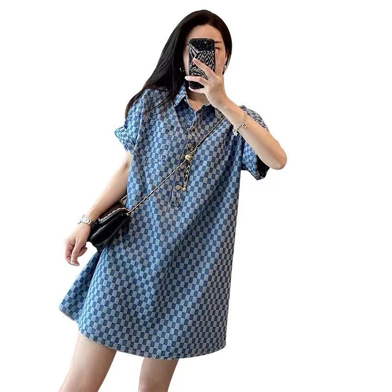 Bluedenim Checkered Dress Womens Summer Arrival Fashionable Stylish Age-Reducing Hong Kong Style Loose-Fit Skirt