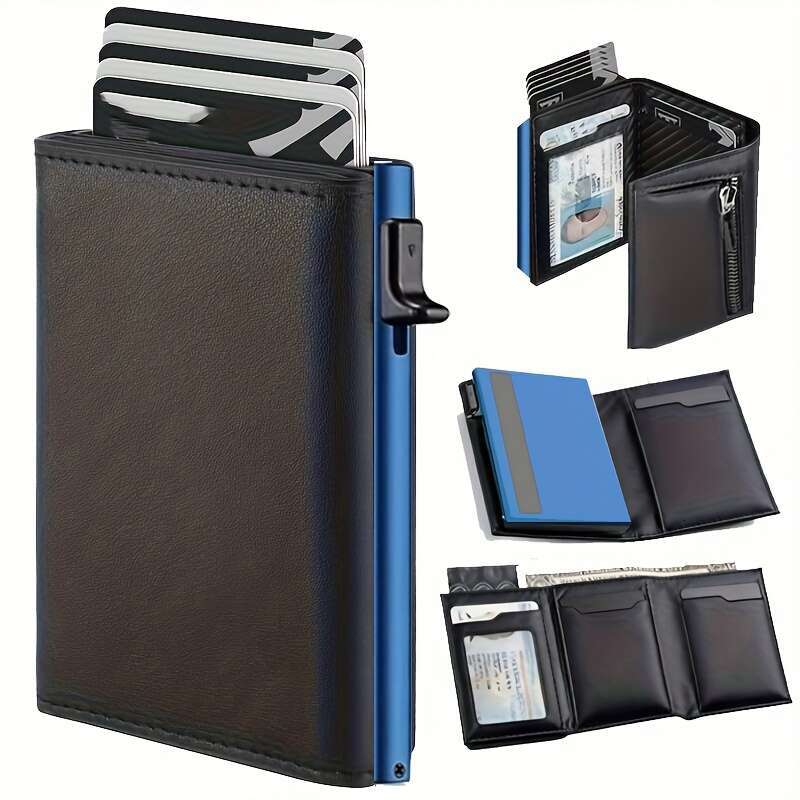 JINXIANGGUO Stylish Pop Up Wallet Black Orange Aluminum Credit Holder Carbon Fiber Microfiber Synthetic Leather Slot RFID Blocking Metal Bank Card Sle
