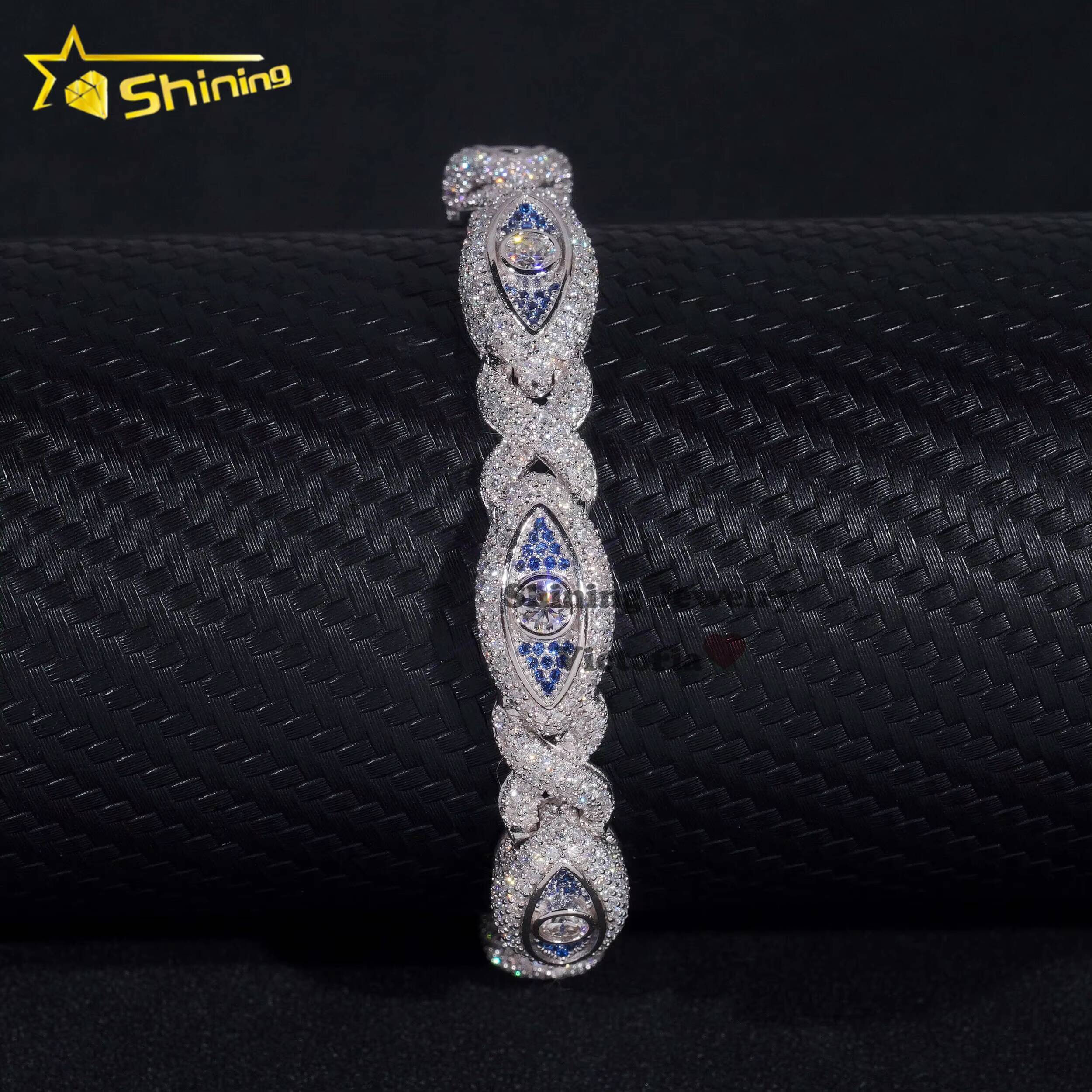 Stylish 8K Gold Plated 925 Sterling Silver Men Hip Hop Jewelry 10MM Moissanite Evil Eye Infinity Link Cuban Bracelet