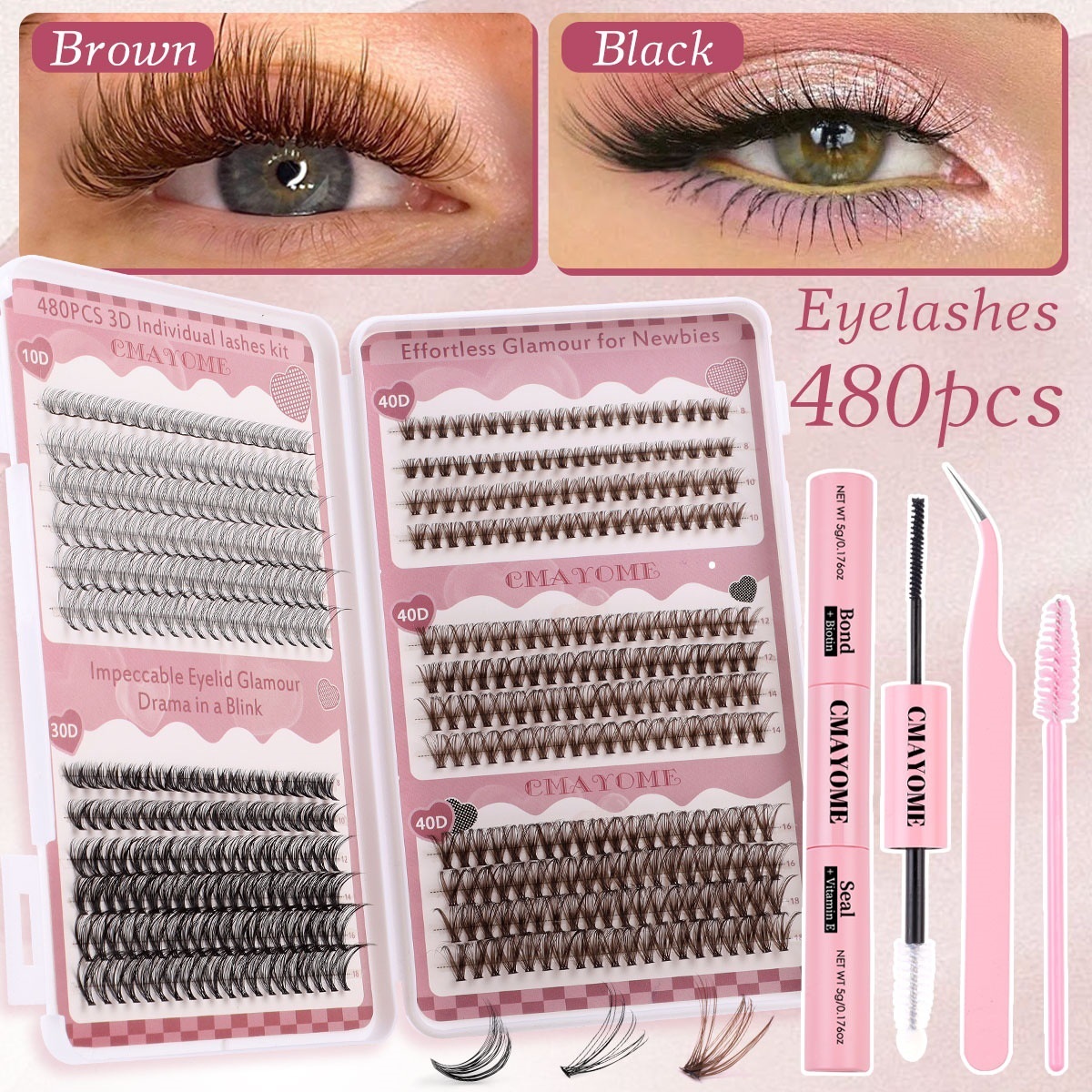 480Pcs Thick Fluffy Individual Eyelashes Black + Brown DIY Cluster Lashes Kit with Lash Bond & Seal Hand Made Reusable D Curled DIY Segmented Eyelash 