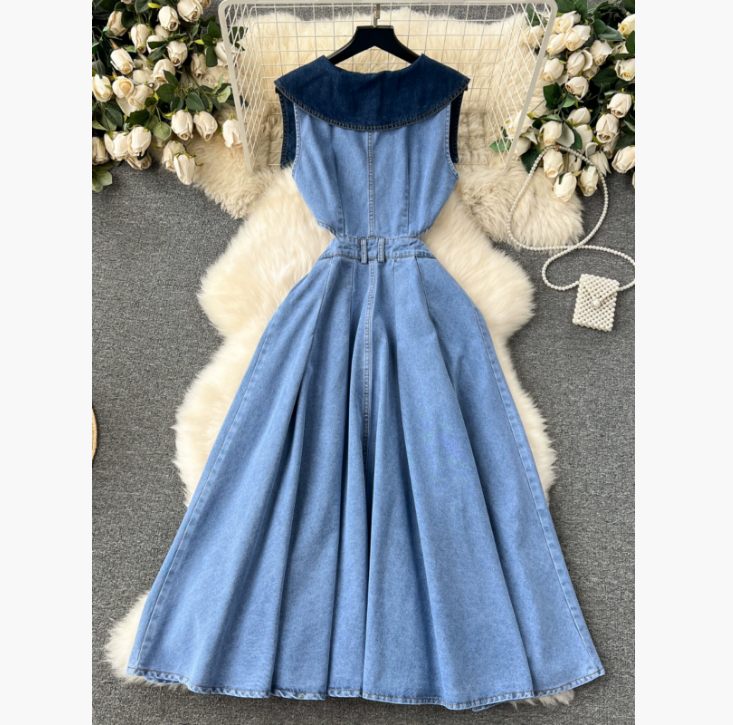 Casual Dresses Designer Denim Dress Women Long Single Breasted Big Turn-down Collar Waist Slimming Temperament Split A-Line Vestidos