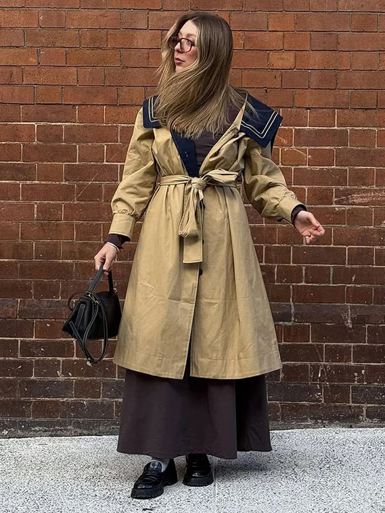 Vintage Womens Long Trench Coat Laceup Jacket Navy Sailor Collar Belt Chic Maxi Outerwear Loose Fit Demiseason Casual Outfit 251231
