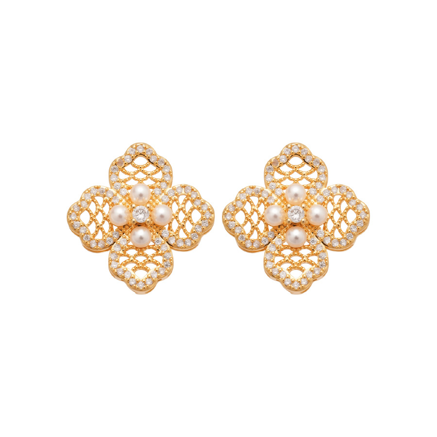 Real Gold Plated Silver Needle Zircon Flower Pearl Elegant Niche Versatile Light Luxury High-End Feel Earrings for Women - view 8
