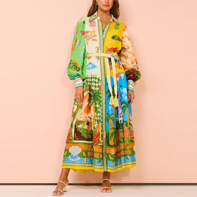Autumn Womens Fashion Printed Lantern Sleeve Belted Shirt Waist Dress