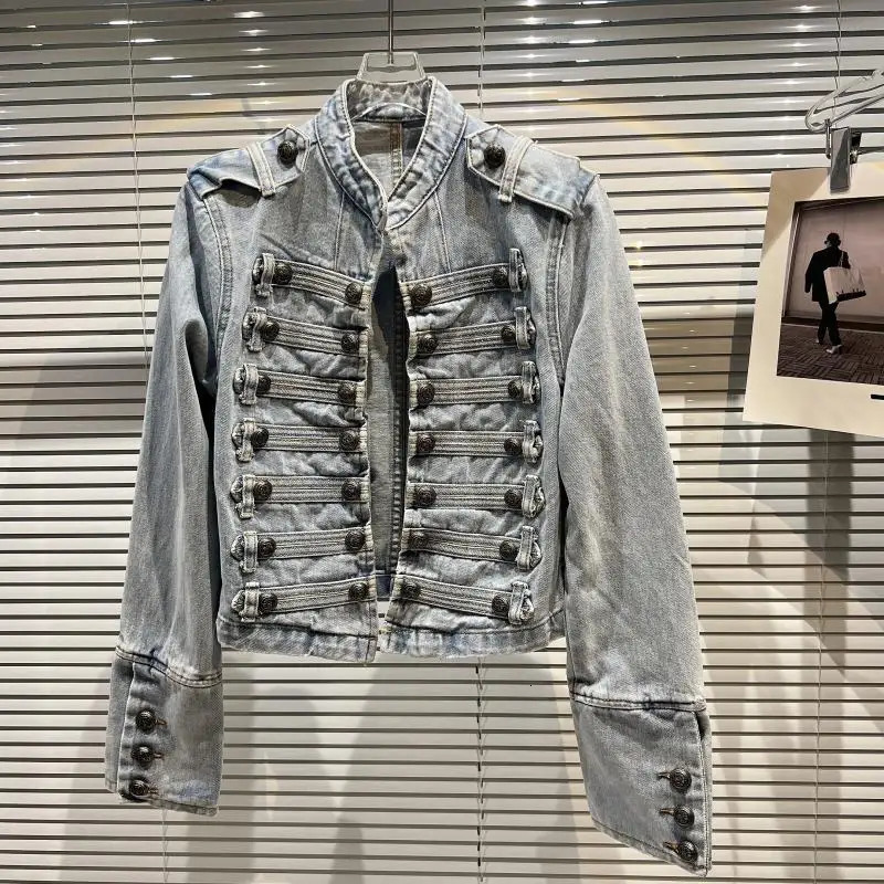 KTCZ 2025 autumn classic metal ribs buckle design shoulder strap washed denim top short jacket 251224
