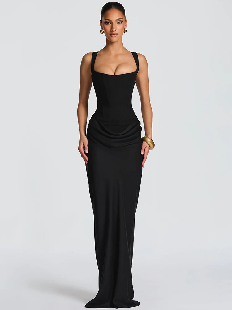 Mozision Elegant Backless Sexy Maxi Dress Women Gown Fashion Square Collar Sleeveless Skinny Ruched Club Party Long Dresses 251231 - view 6
