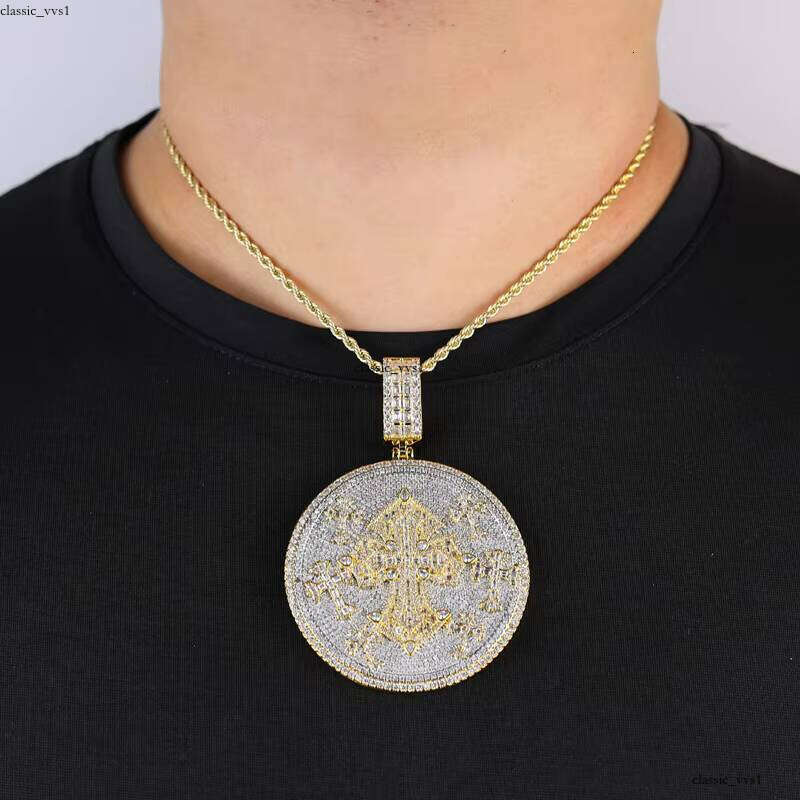 Ice out VVS Moissanite In Stock Heavy Round Pendant Layered Seven Cross Two-tone Fashionable Men's Hip-hop Jewelry Necklace