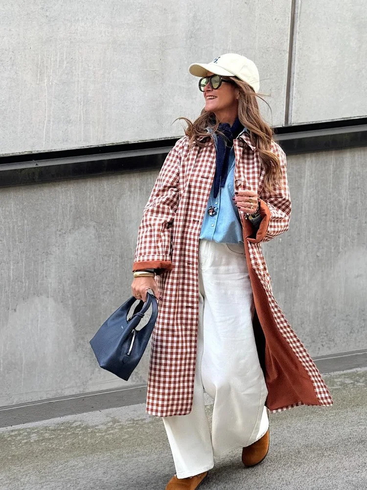 Red Plaid Long Trench Coat Women Chic Lapel Single Breasted Full Sleeve Windbreaker Jacket 2025 Autumn Lady Street Outwear 251231