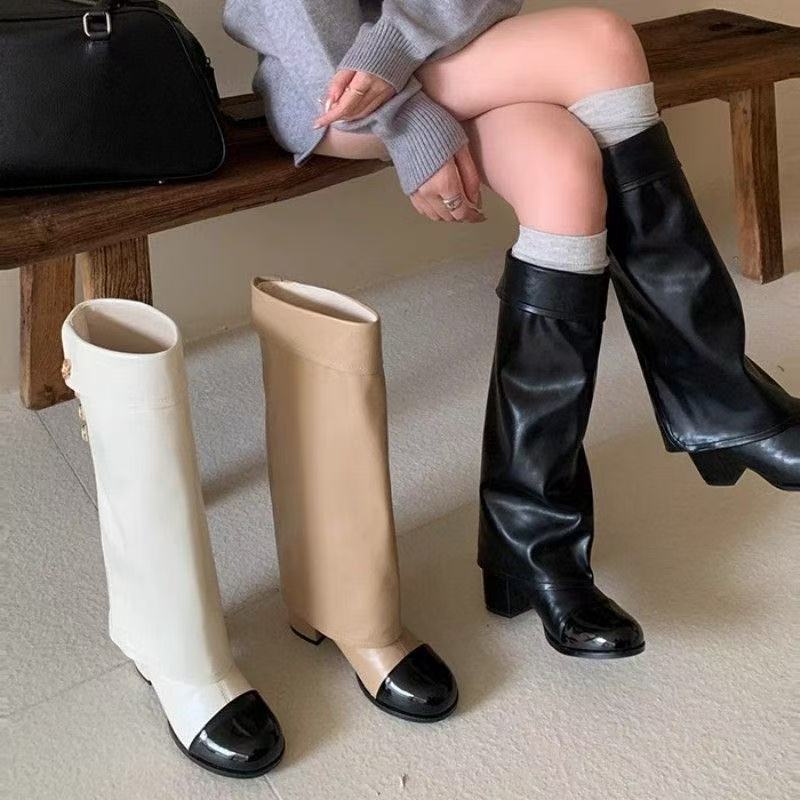 Free shipping 2026 New Style High Heel Round Toe Color Block Women's Platform Boots with Long Pants