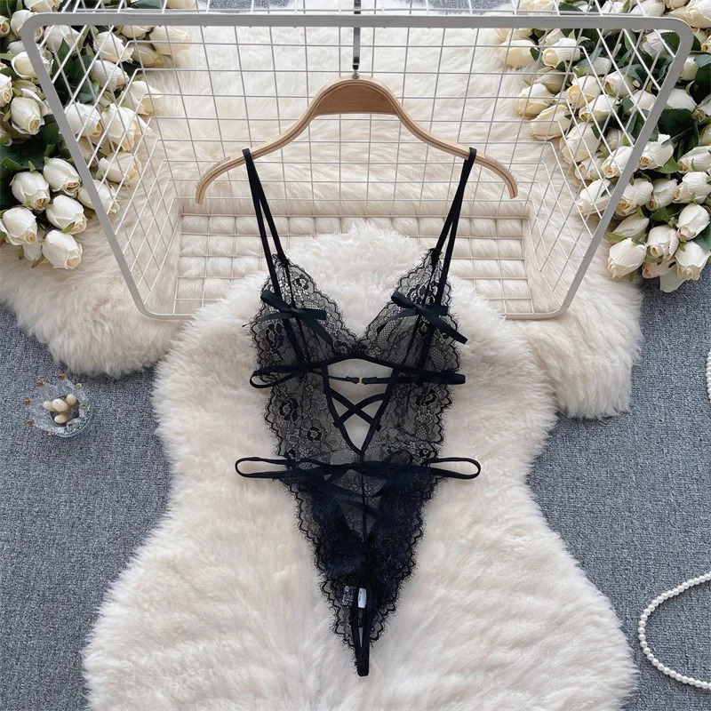 Bow Cross Strap Catsuit VNeck Hollow Lace Slim Playsuit Bodycon Womens Pajamas UltraThin sexy Lingerie Trend Nightwear 251231