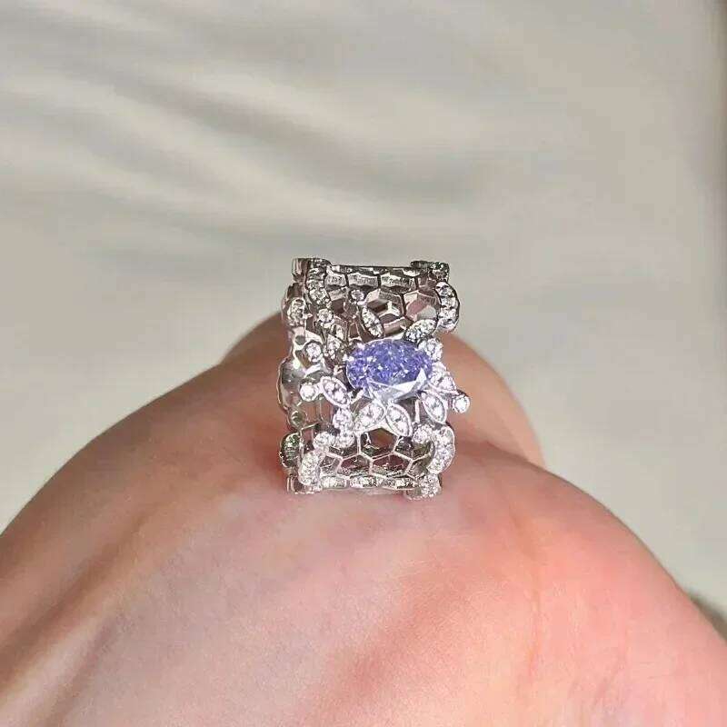 Light luxury taro purple crystal hollow out rings for women exquisite silver 925 drawing butterfly wedding ring fashion jewelry - view 3
