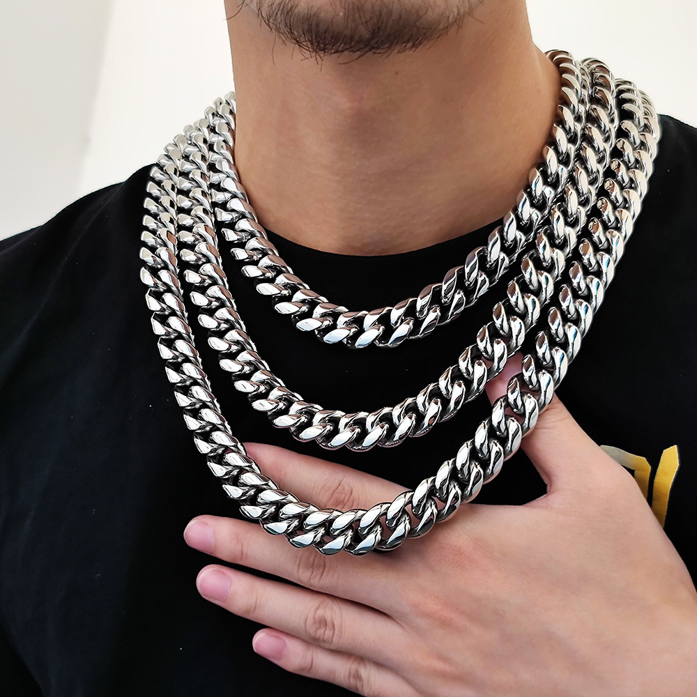New jewelry designer 16-18MMSolid Link Cuban Chain Necklace for Men - Stainless Steel Hip Hop Jewelry with Zirconia Double-Sided Lobster Clasp