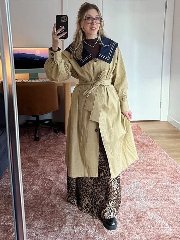 Vintage Womens Long Trench Coat Laceup Jacket Navy Sailor Collar Belt Chic Maxi Outerwear Loose Fit Demiseason Casual Outfit 251231