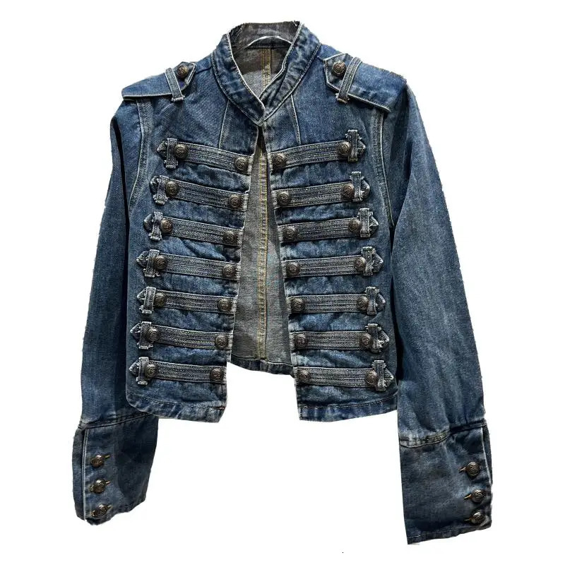 KTCZ 2025 autumn classic metal ribs buckle design shoulder strap washed denim top short jacket 251224