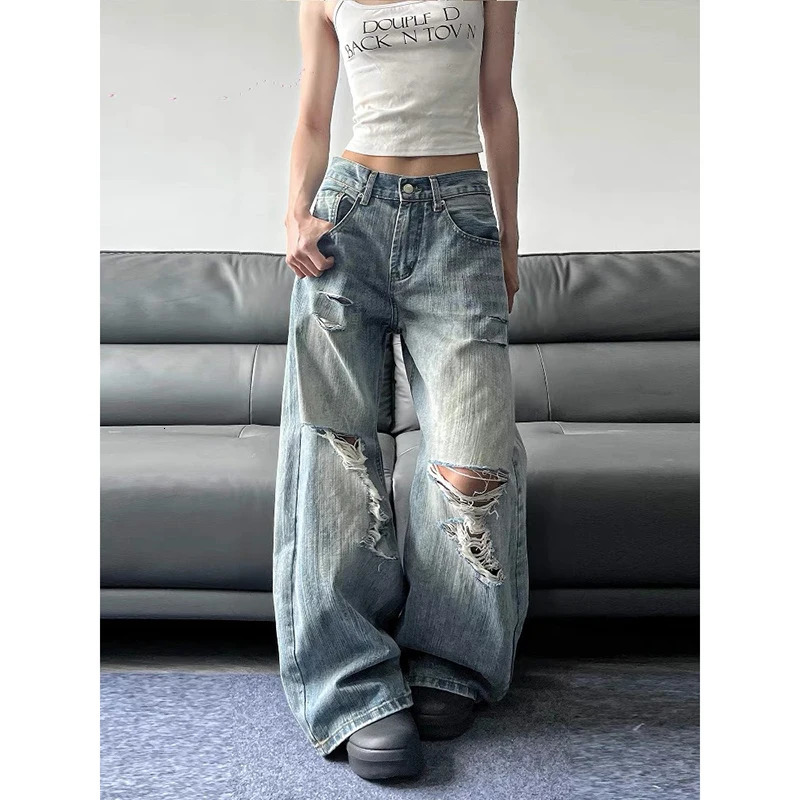 2025 Summer High Waist Ripped Womens Blue Jeans American Vintage Streetwear Y2K Wide Leg Jean 2000s Trouser Baggy Denim Pants 260120