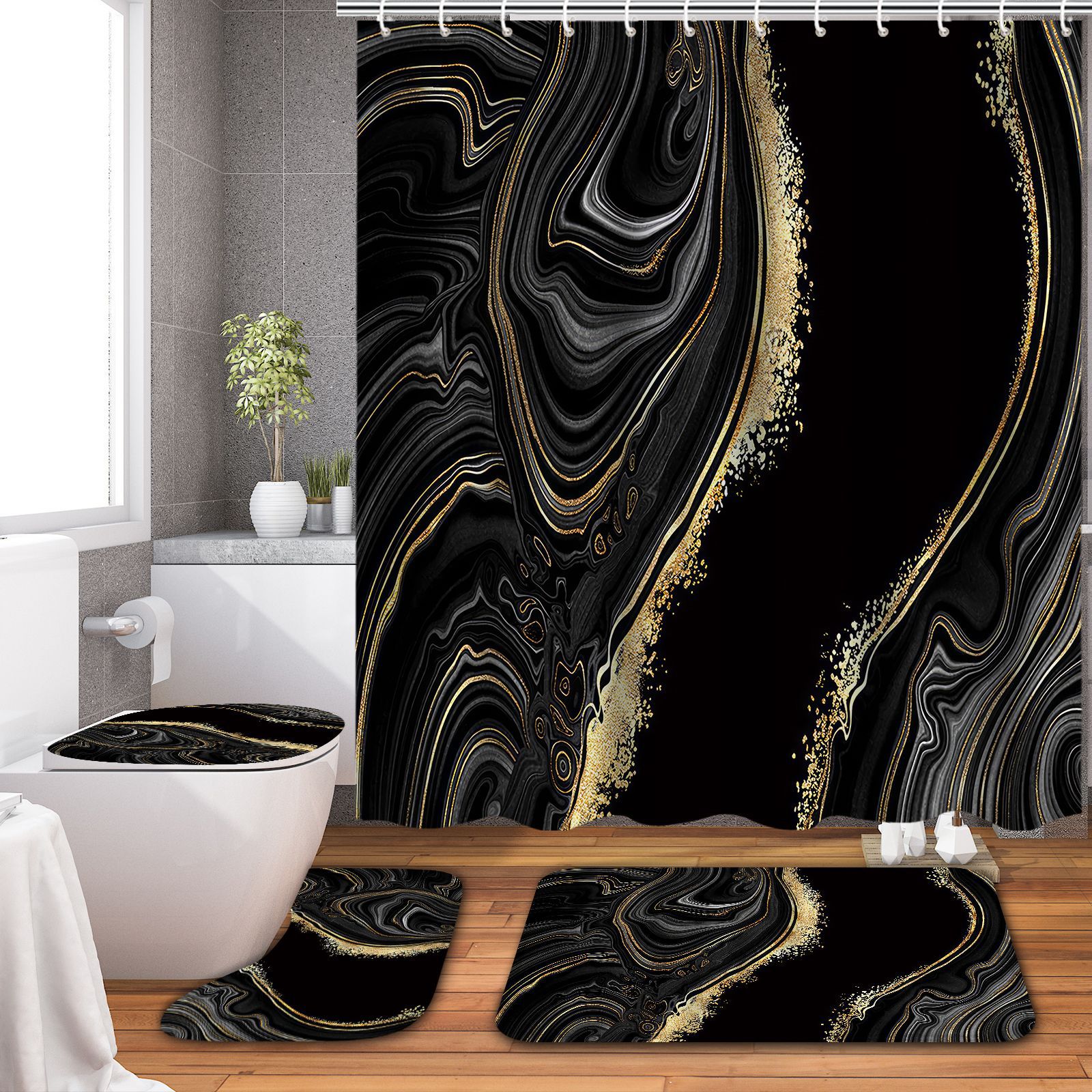 YL-38072 Digital Printed Waterproof Shower Curtain, Bathroom Partition Curtain, No Drill Required