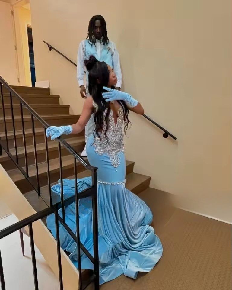 Blue Mermaid Prom Dress For Black Girls 2026 Sexy Plunging Neck Crystal Rhinestone Long Evening Gowns With Gloves J02 B0312