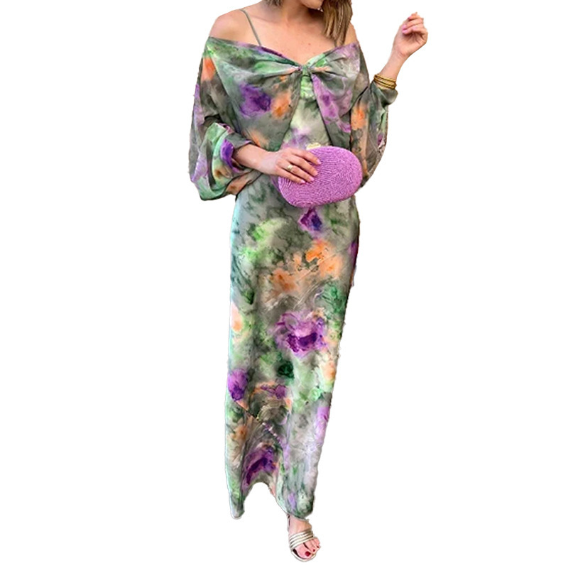 Spring New Womens Fashion Elegant Sexy Off-shoulder Tie-dye Print Strapless Cape Fashion Set for Women