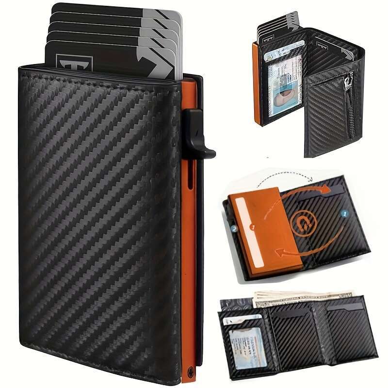 JINXIANGGUO Stylish Pop Up Wallet Black Orange Aluminum Credit Holder Carbon Fiber Microfiber Synthetic Leather Slot RFID Blocking Metal Bank Card Sle
