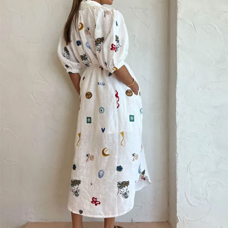 Spring New Womens Fashion Loose Printed Turn-down Collar Tie Bubble Sleeve Shirt Dress Long Dress
