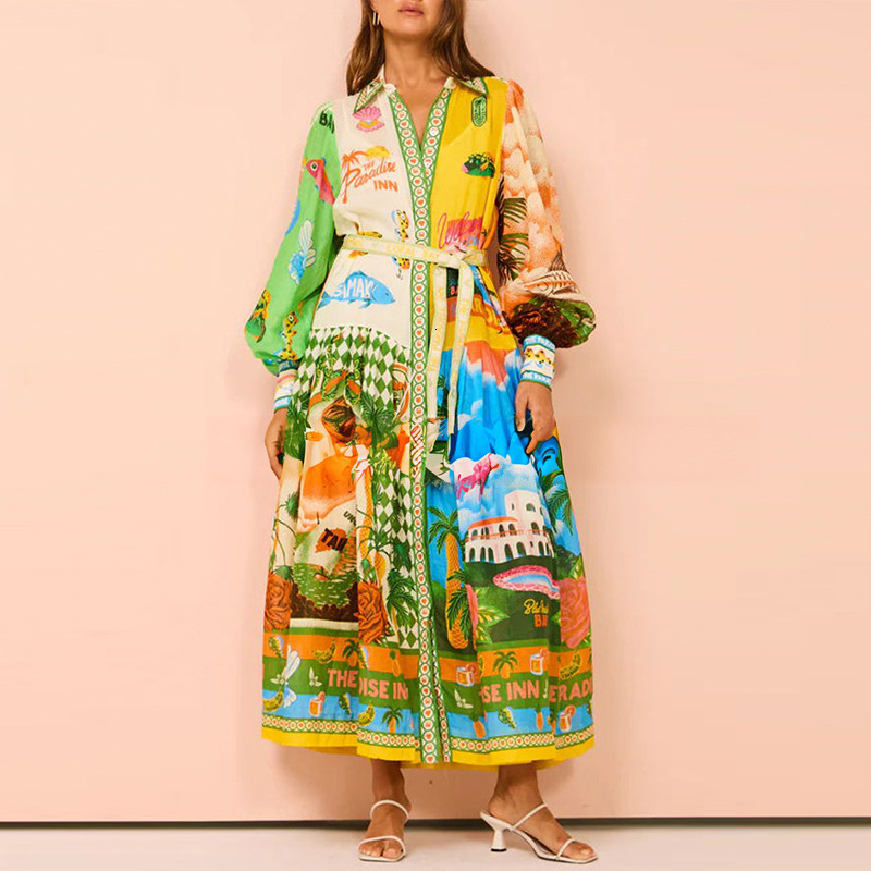 Autumn Womens Fashion Printed Lantern Sleeve Belted Shirt Waist Dress