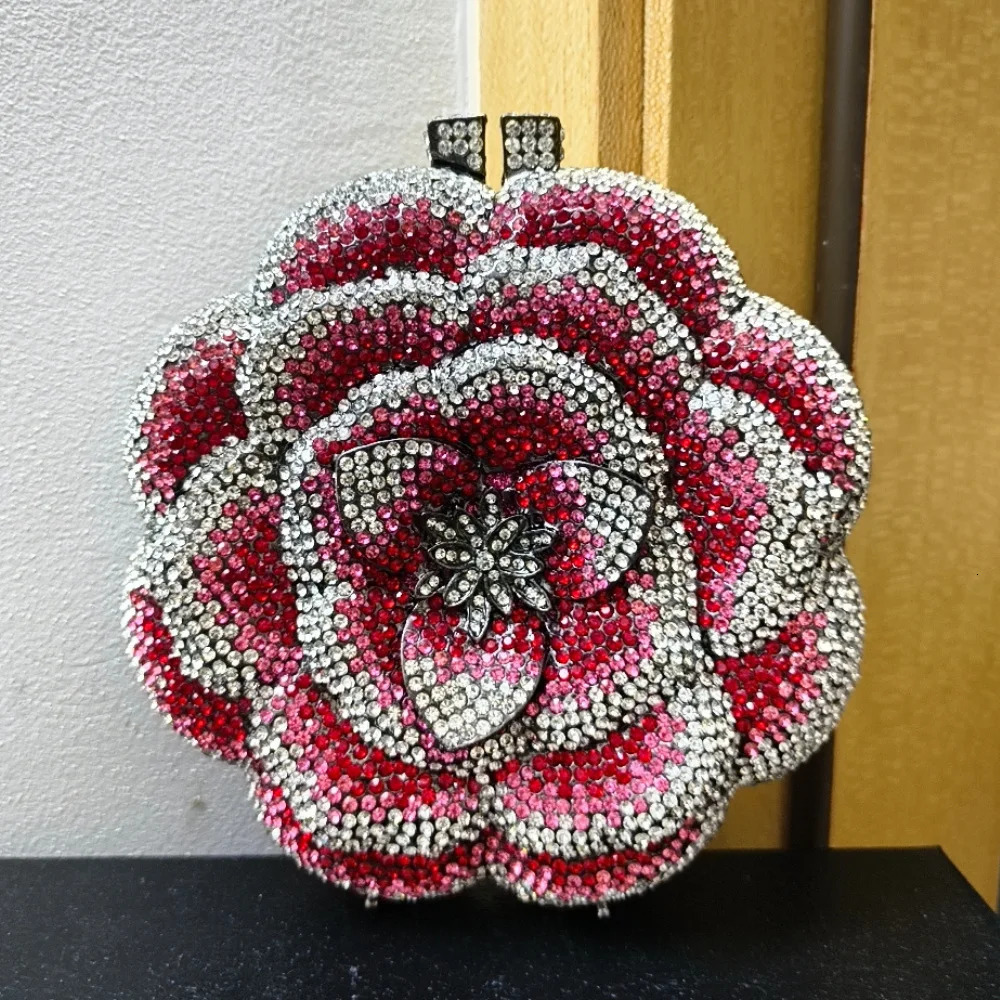 Rose Flower PinkGreen Rhinestones Evening Clutches Women Floral Yellow Crystal Bags Bridal Wedding Party Clutch Purse 251230