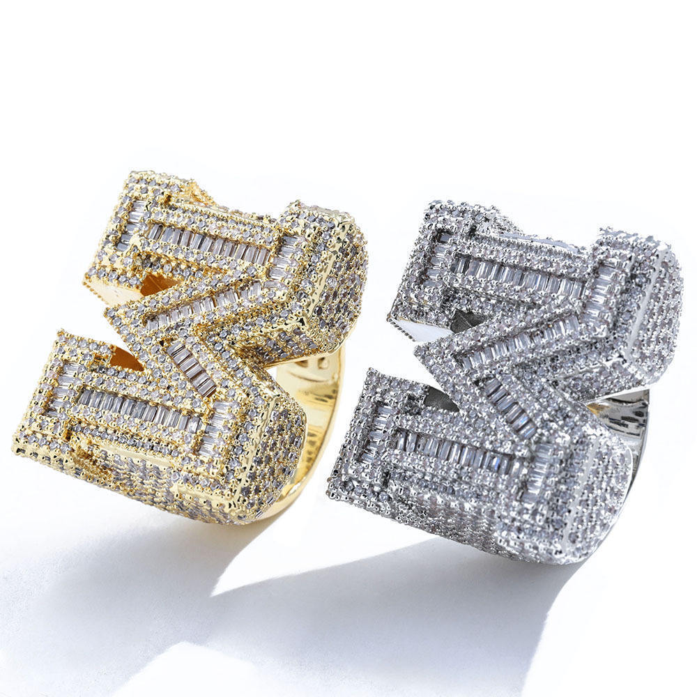 Custom Letter Ring Mens Jewelry Iced Out Hip Hop Jewelry A-Z Initial Moissanite Baguette Diamond Big 26 Letters Ring