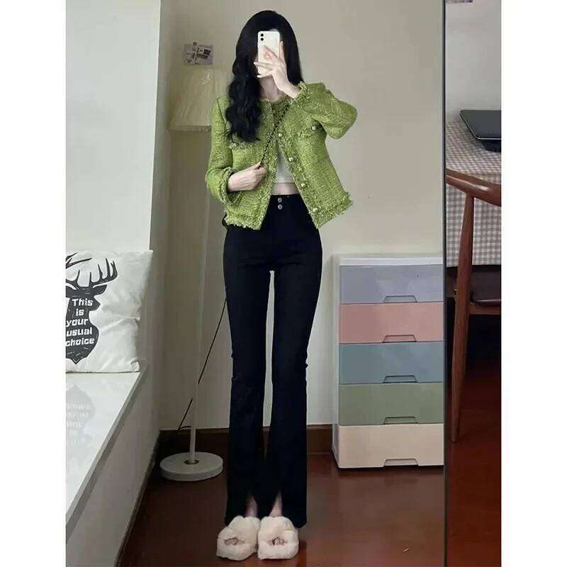 Retro Autumn Winter Korean Single Breasted Short Tweed Small Fragrant Style Women's Green Jacket Women Outerwear