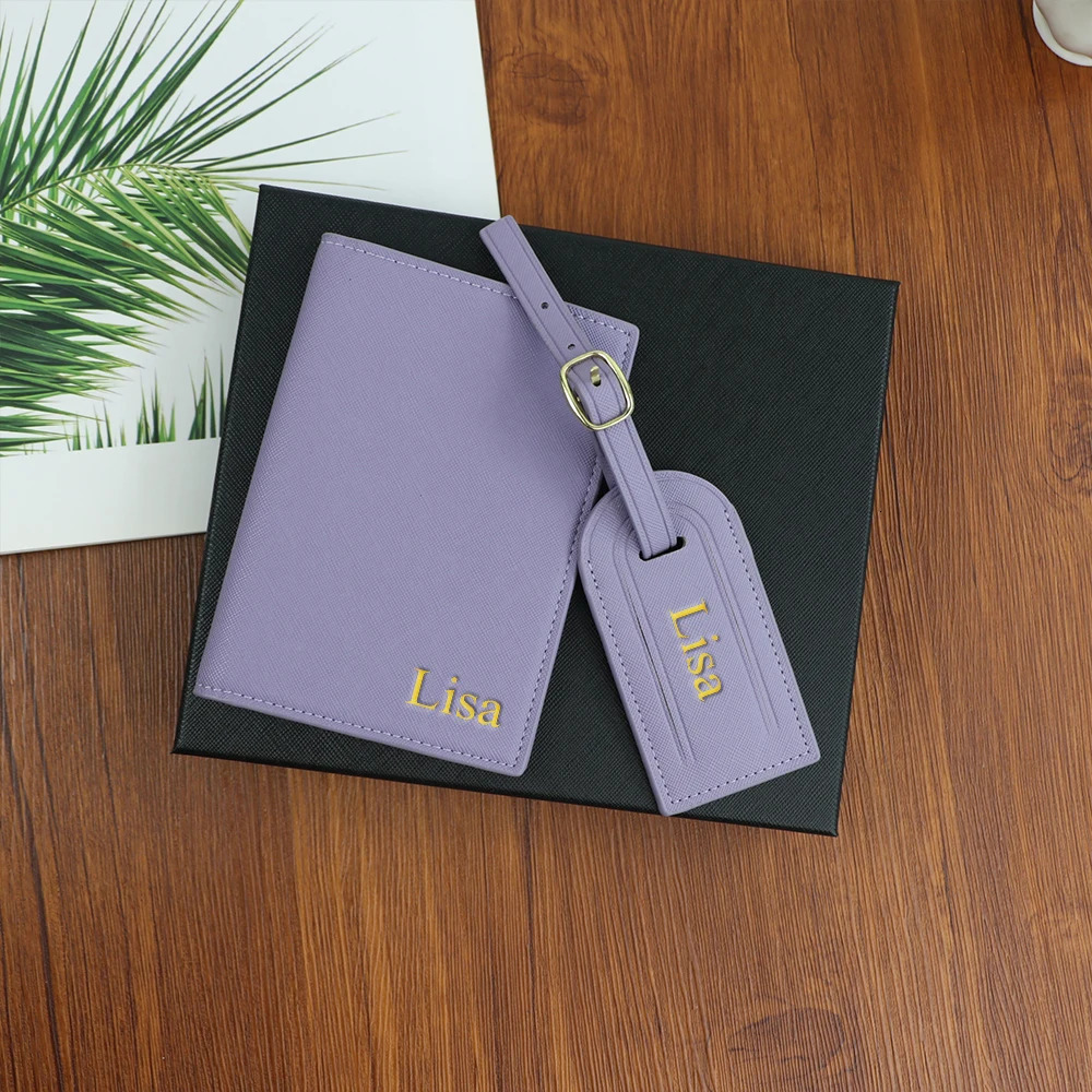 Customized name set unisex Safiano PU leather passport holder and luggage tag gift box 260104