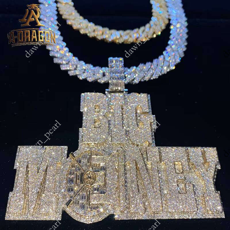 Iced VVS Moissanite Long Stick Coin Design Hip Hop Pendant Men's Cuban Chain