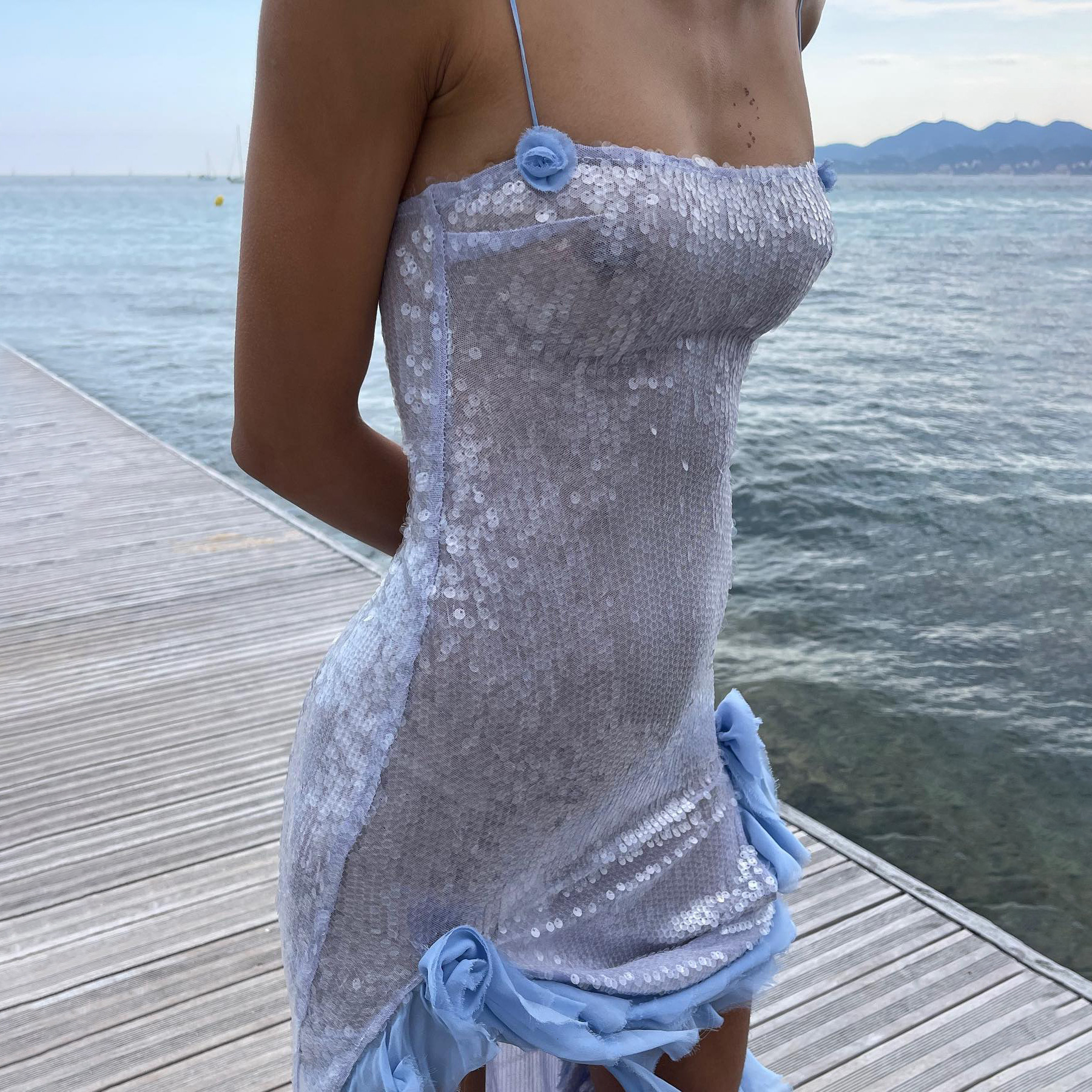 Evening Dress Sexy Sheer Long Dress Sequin Ruffled Dress Three-dimensional Flower Fringe Strap Dress