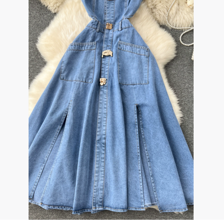Casual Dresses Designer Denim Dress Women Long Single Breasted Big Turn-down Collar Waist Slimming Temperament Split A-Line Vestidos