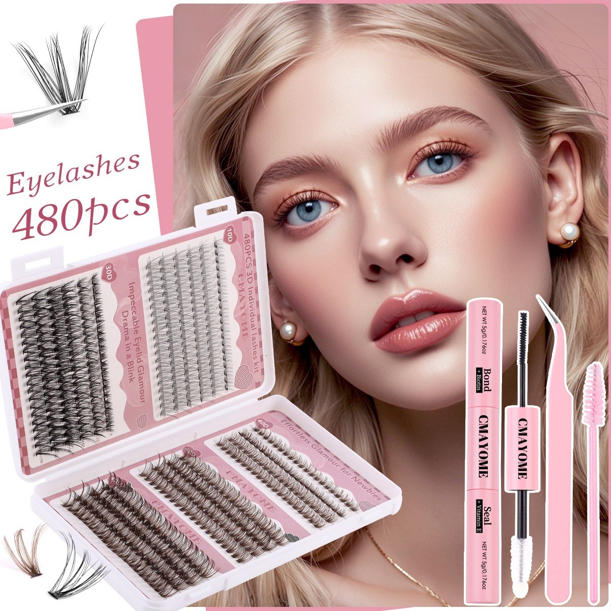 480Pcs Thick Fluffy Individual Eyelashes Black + Brown DIY Cluster Lashes Kit with Lash Bond & Seal Hand Made Reusable D Curled DIY Segmented Eyelash 