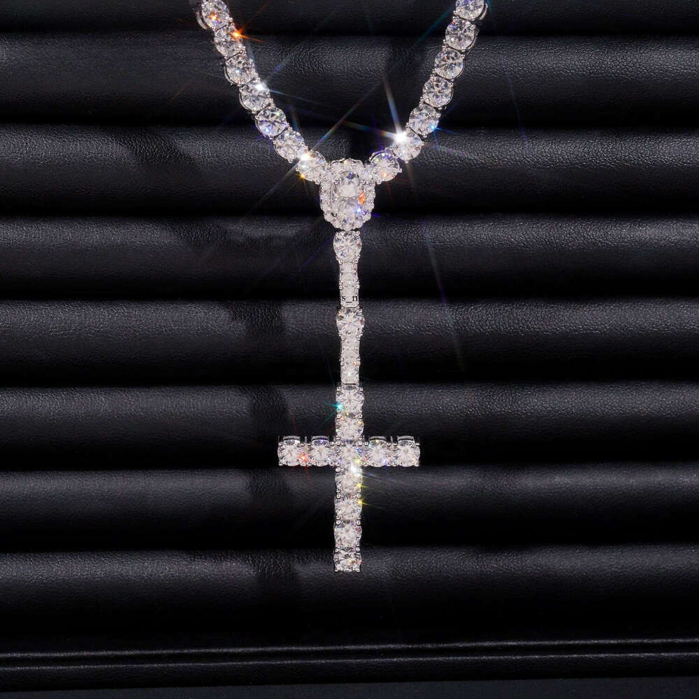 New Hot Sale Iced Out 5mm Wide 925 Sterling Silver VVS Silicon Stone Rosary Cross Tennis Chain Necklace