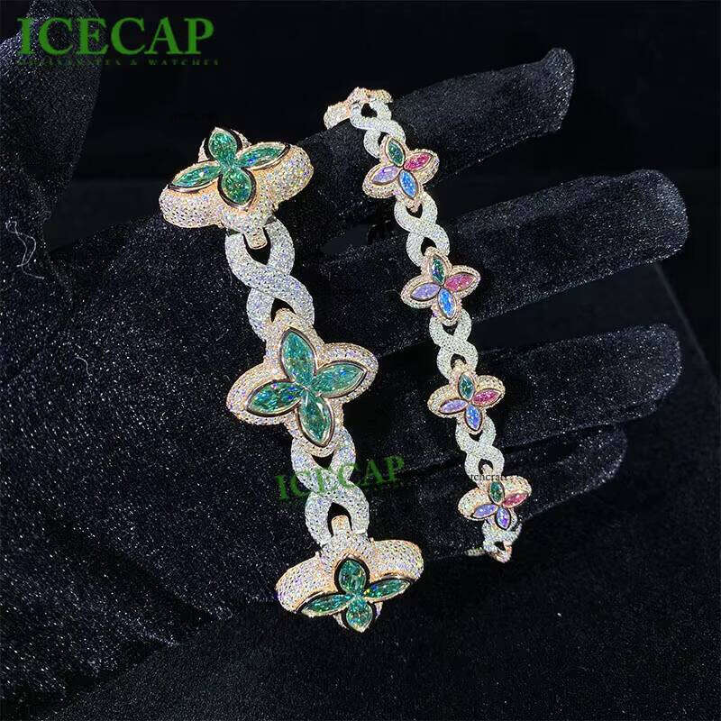 New Arrival Fashion Rapper Jewelry Ice Out 925 Silver Gold Plated Carbonite Green Clover Infinity Link Cuban Bracelet for Men