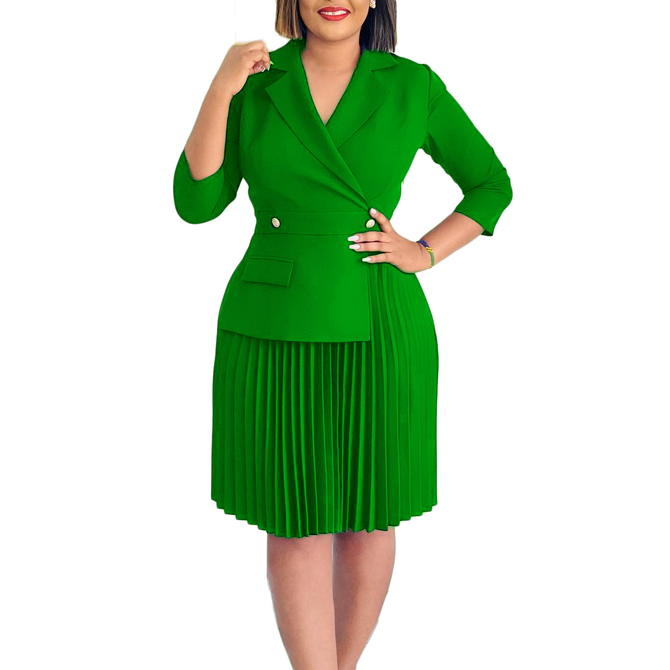 (575) Ladies autumn new fashion temperament suit collar solid color pleated dress