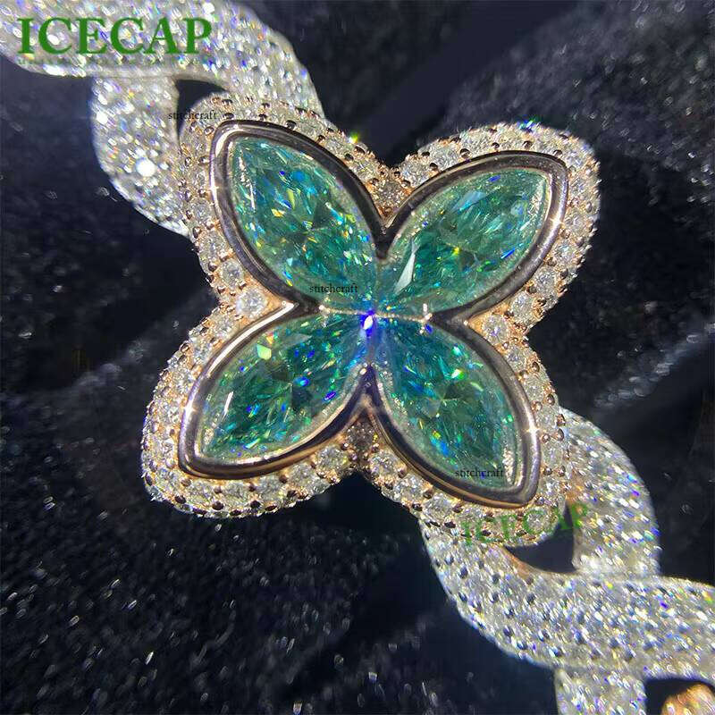 New Arrival Fashion Rapper Jewelry Ice Out 925 Silver Gold Plated Carbonite Green Clover Infinity Link Cuban Bracelet for Men