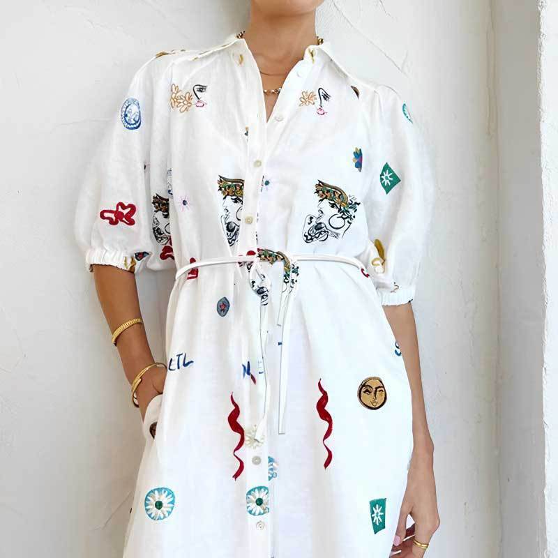 Spring New Womens Fashion Loose Printed Turn-down Collar Tie Bubble Sleeve Shirt Dress Long Dress