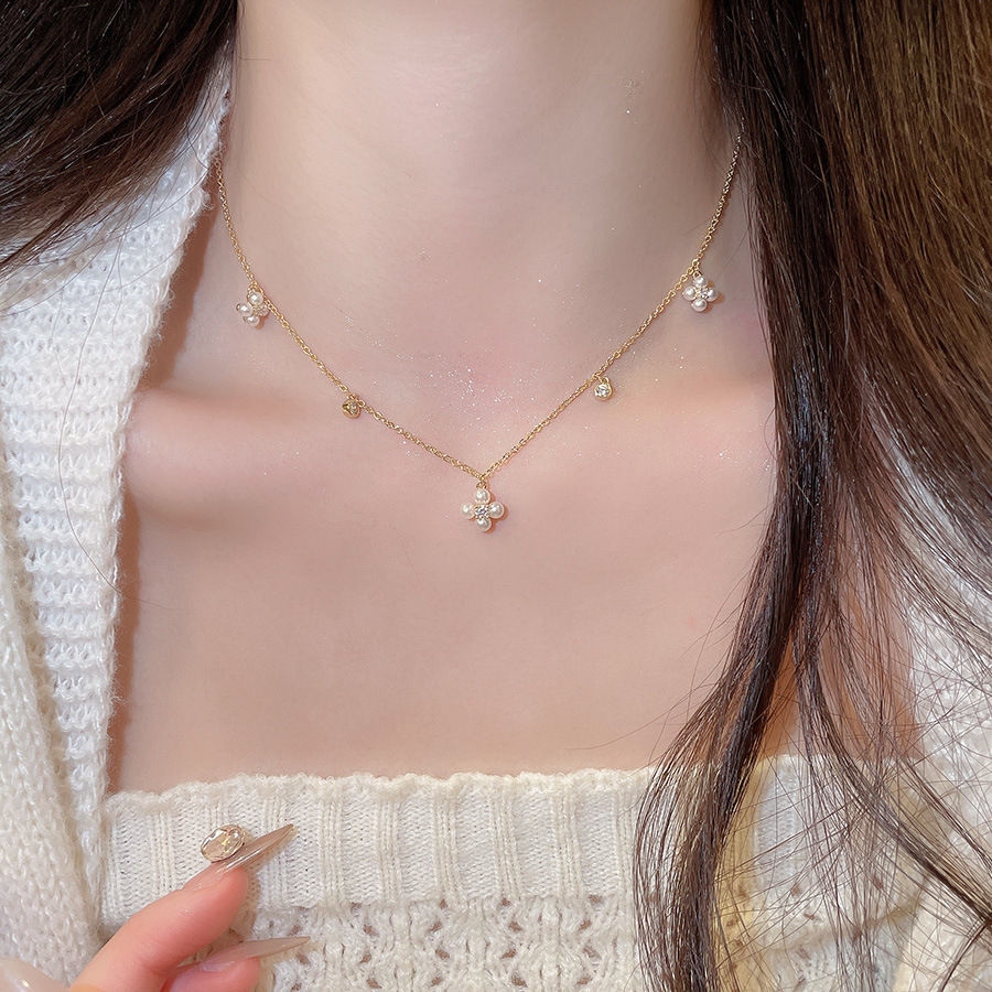 Real Gold Plated Zircon Flower Pearl Earrings Necklace Elegant Commuting Versatile Jewelry Set Light Luxury Niche Accessories - view 6
